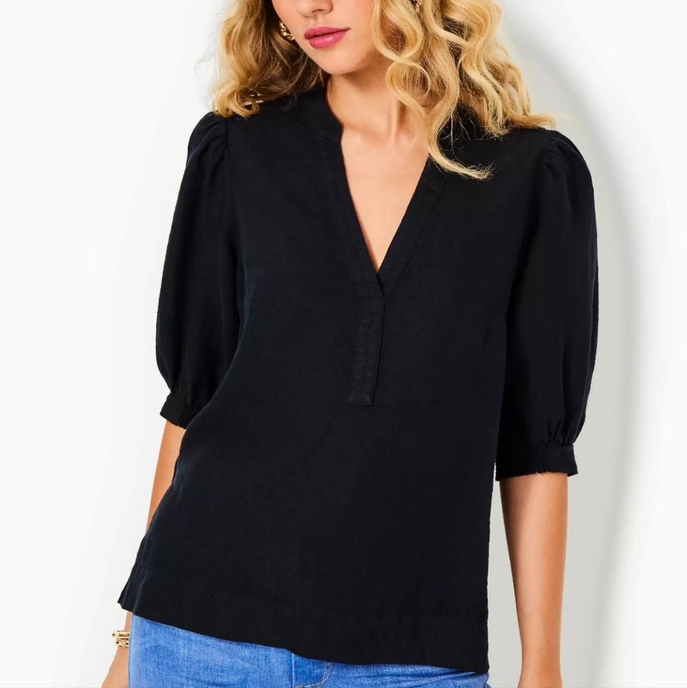 Lilly Pulitzer Black V-Neck Puff Sleeve Blouse